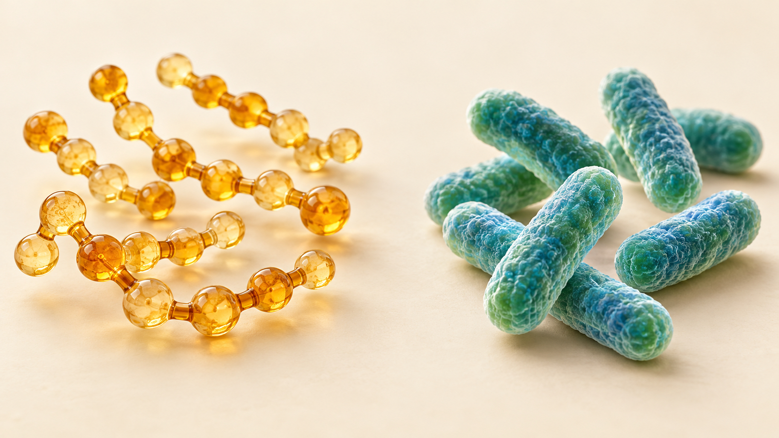 Conceptuele afbeelding, niet op schaal: amberkleurige ketens stellen prebiotische stoffen voor en blauwgroene staafjes levende micro-organismen.