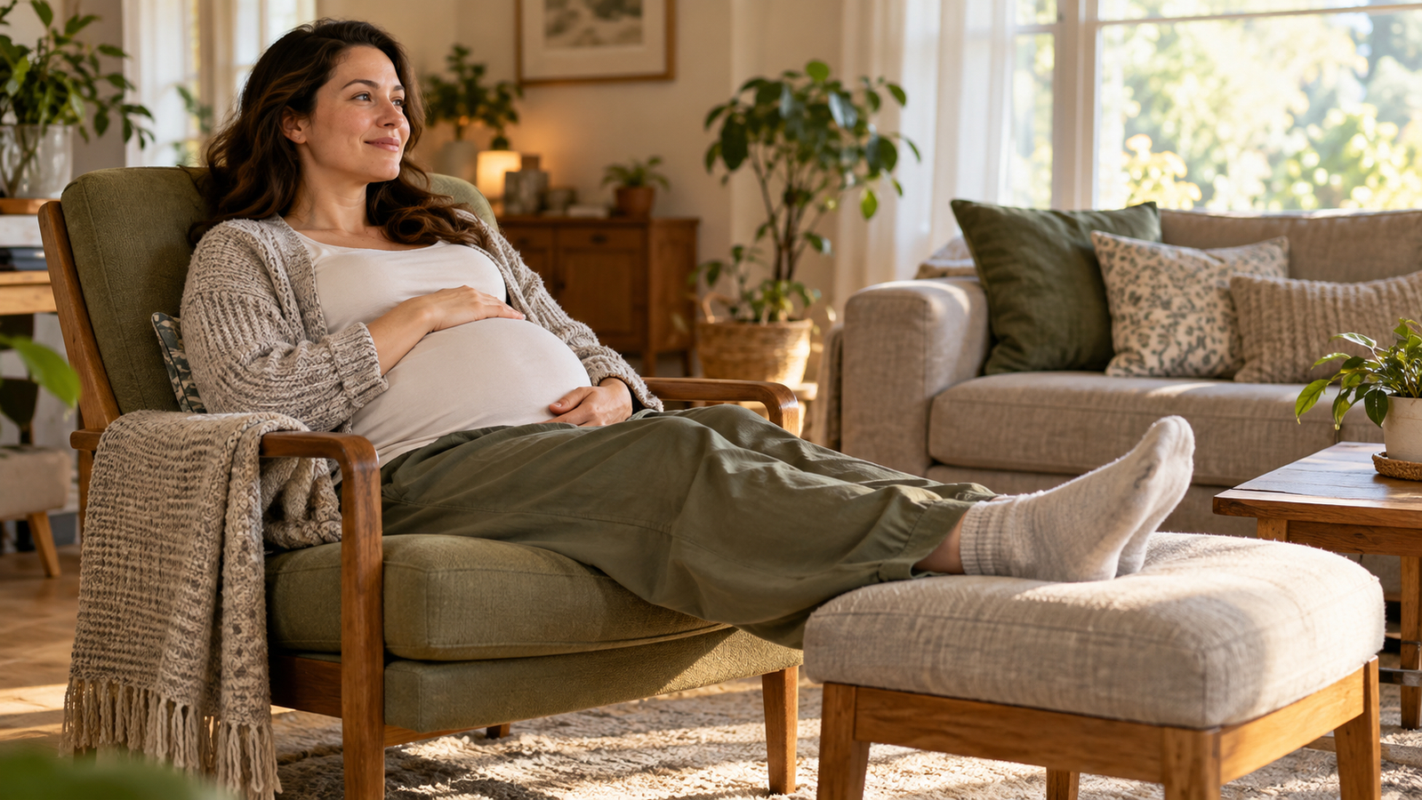 Een zwangere vrouw zit in een fauteuil met haar voeten in sokken op een gestoffeerde voetenbank
