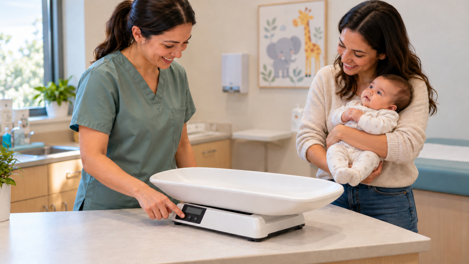 De zorgverlener maakt de lege babyweegschaal klaar terwijl de ouder de aangeklede baby apart in de armen houdt.