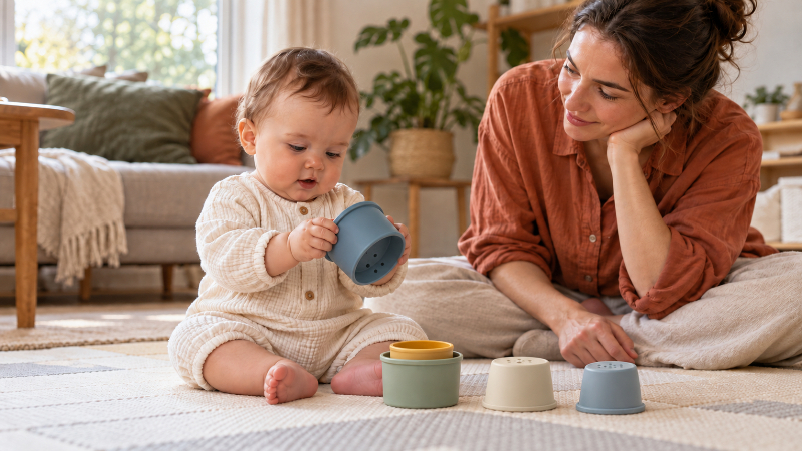 Een baby bekijkt speelgoedbekers van verschillende maten terwijl een ouder ernaast zit