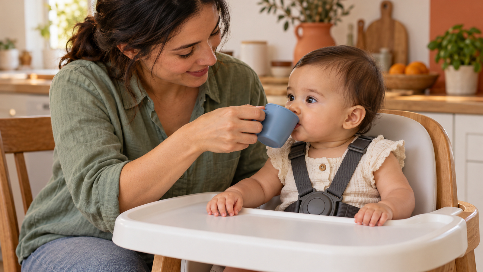 Moeder biedt een rechtop zittende baby water aan uit een kleine open beker