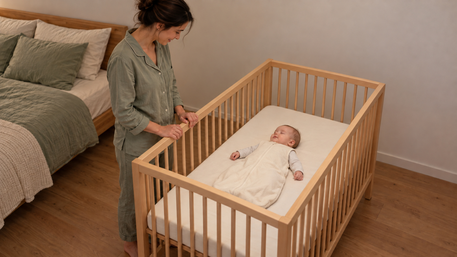 Een ouder staat naast het ledikant en kijkt naar de baby die op de rug slaapt