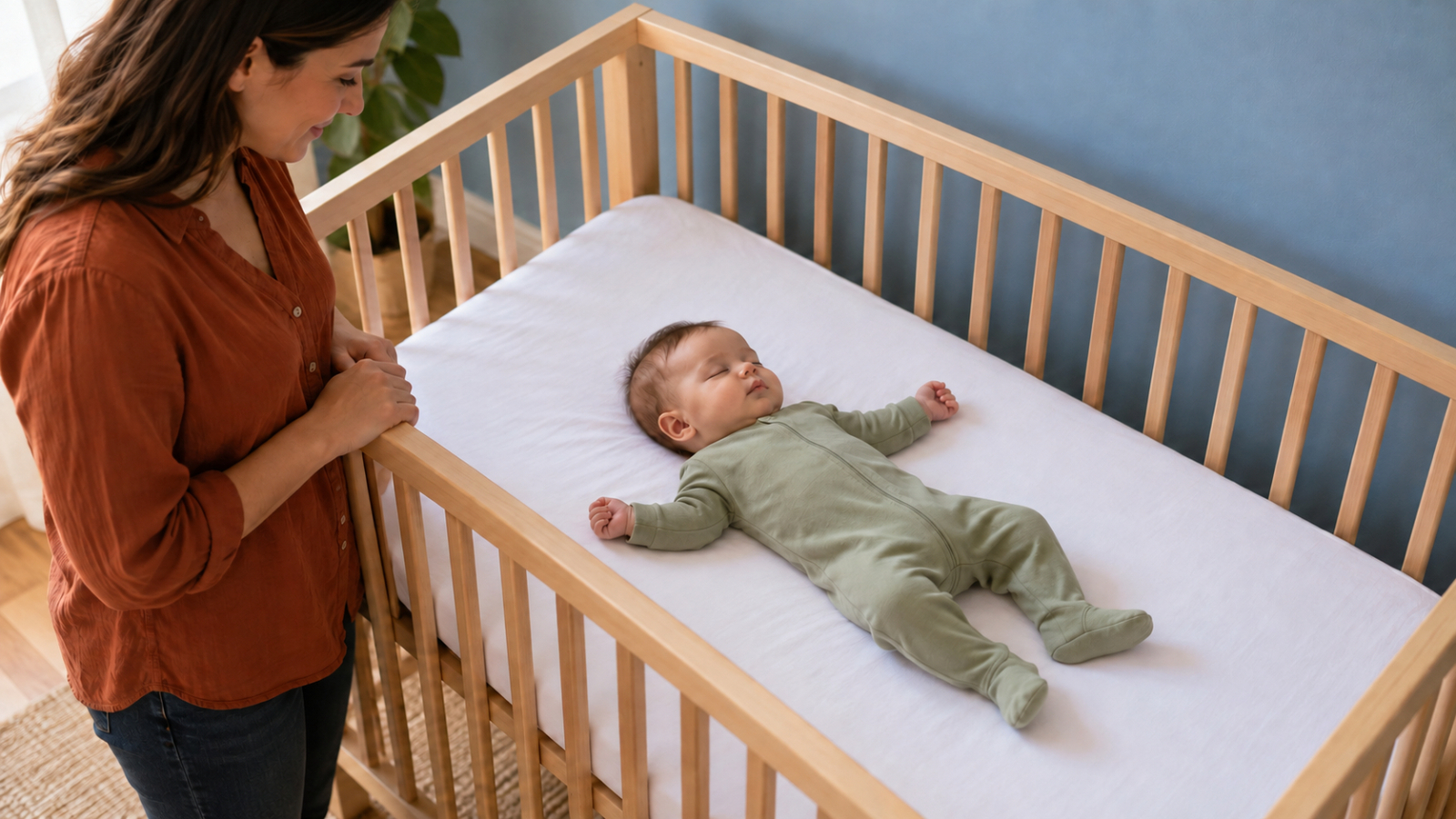 Een baby slaapt op de rug in een ledikant zonder kussens of speelgoed, met een ouder ernaast.