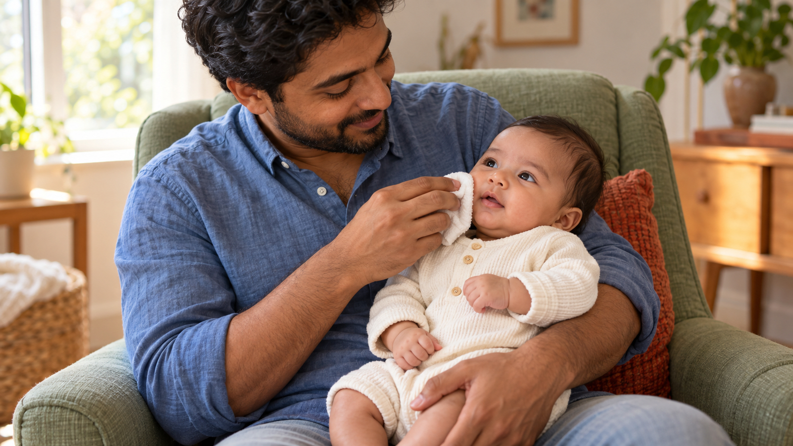 Een vader maakt met een zacht wit doekje de wang schoon van de wakkere baby op zijn schoot