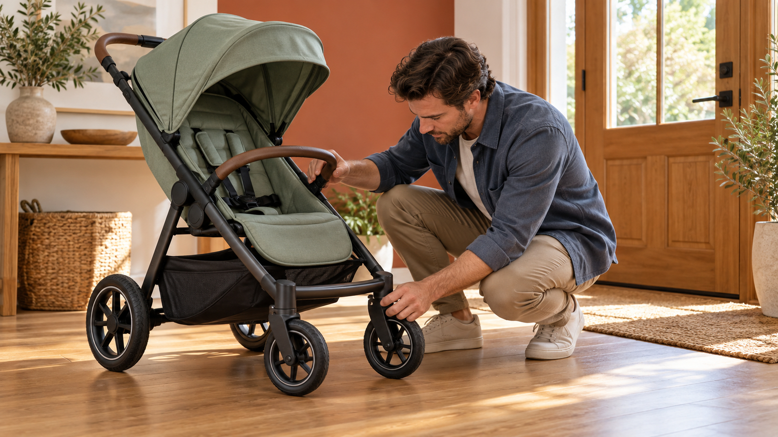 Verzorger controleert de bevestiging van een voorwiel aan een lege kinderwagen