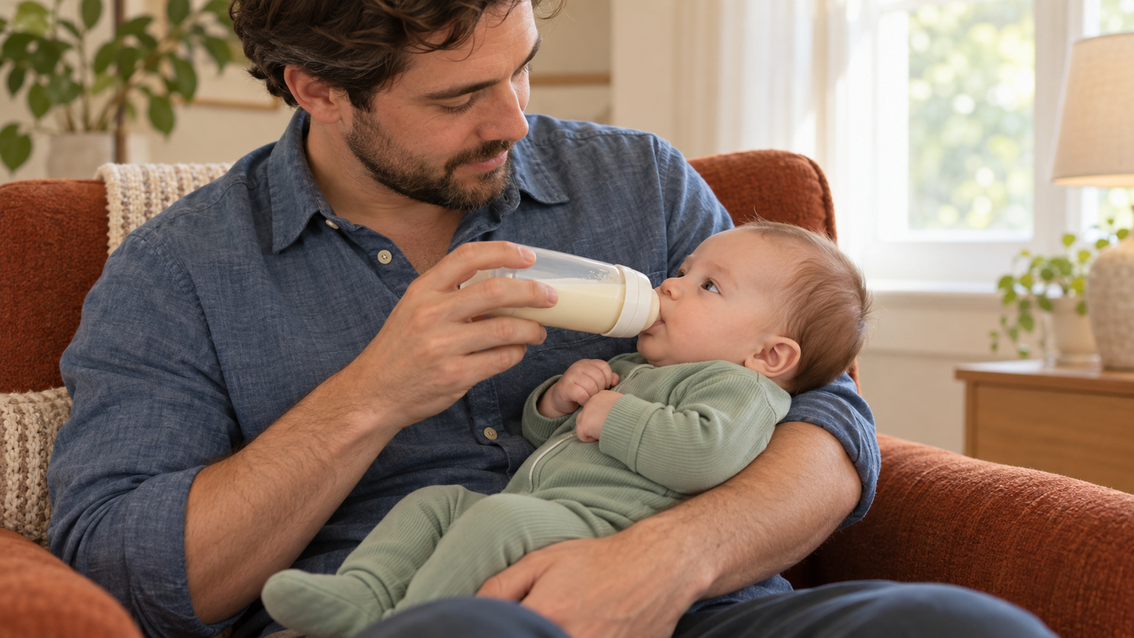 Een ouder houdt de baby half rechtop in zijn arm en ondersteunt de fles met zijn hand