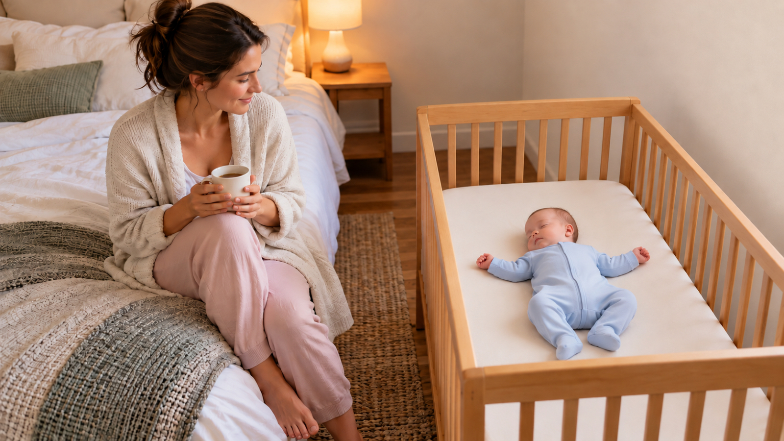 Een baby ligt op de rug in een eigen ledikant weg van het raam, op een matras met alleen een hoeslaken.