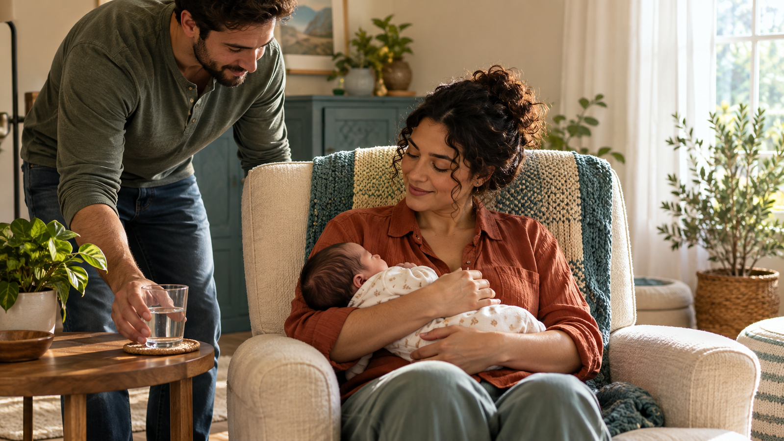Een partner zet water neer naast de moeder die haar baby vasthoudt