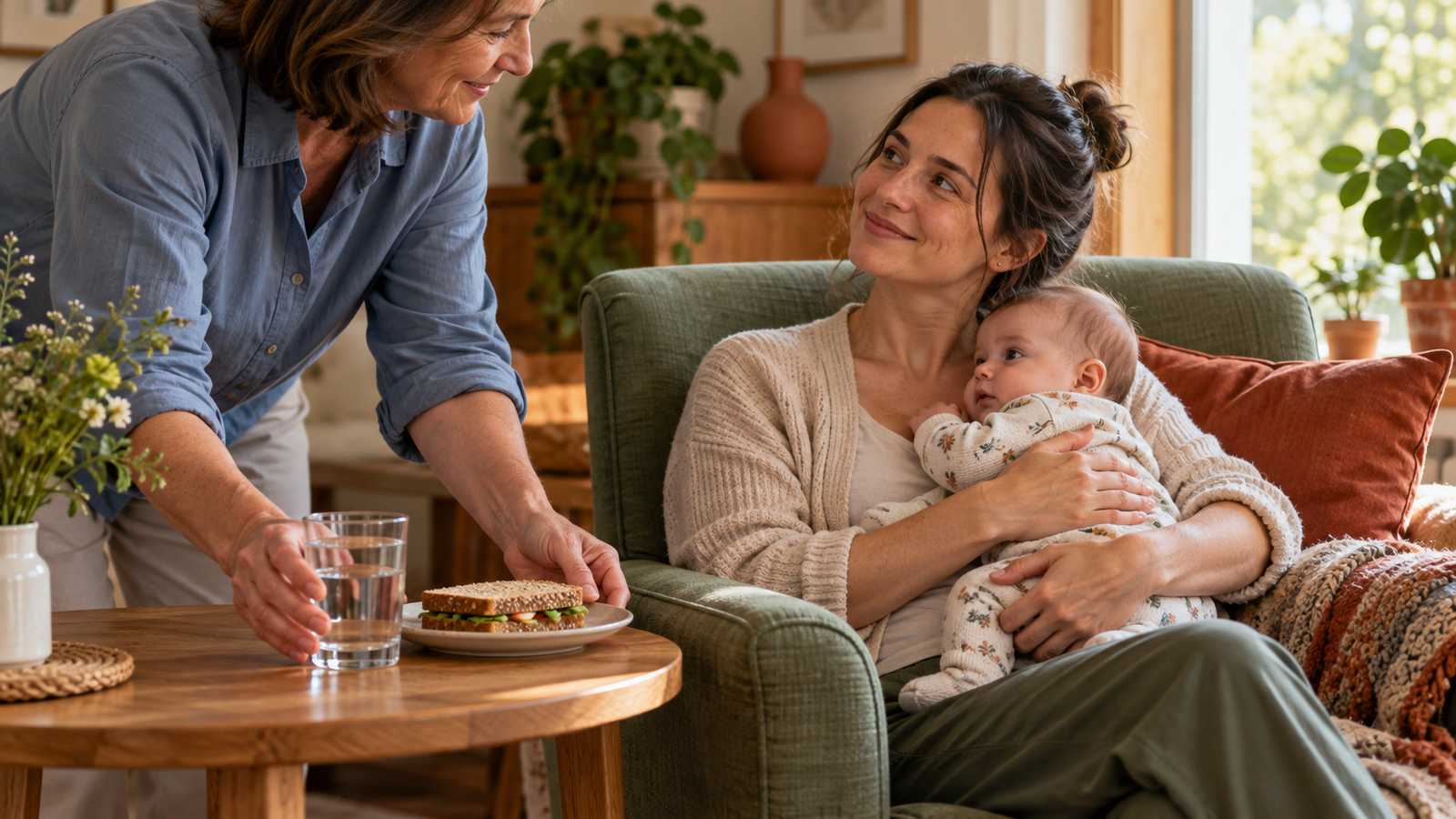 Een volwassene zet water en een sandwich op tafel naast een moeder met haar baby op schoot.