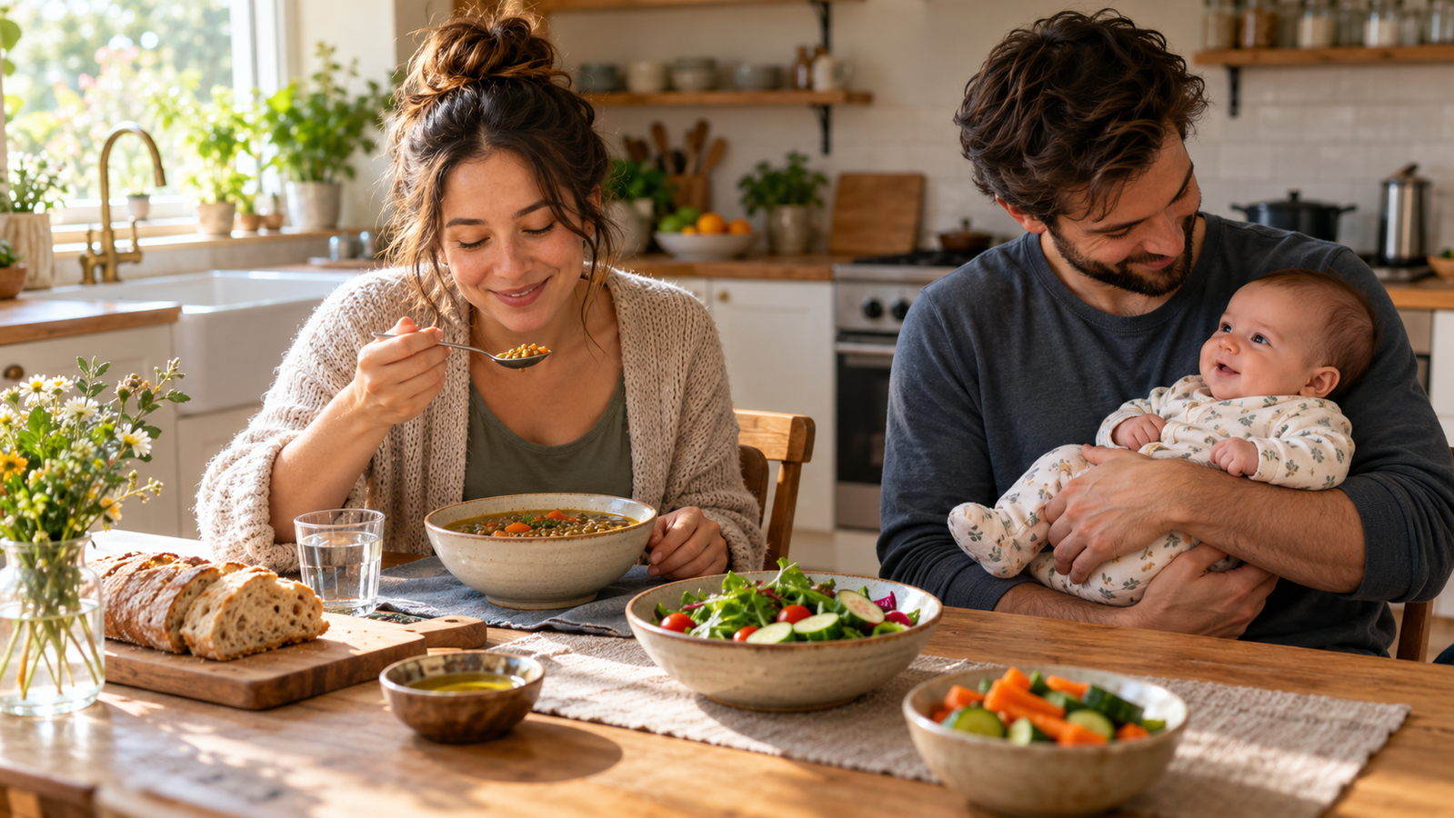Een vrouw eet soep aan tafel terwijl een man naast haar een baby vasthoudt