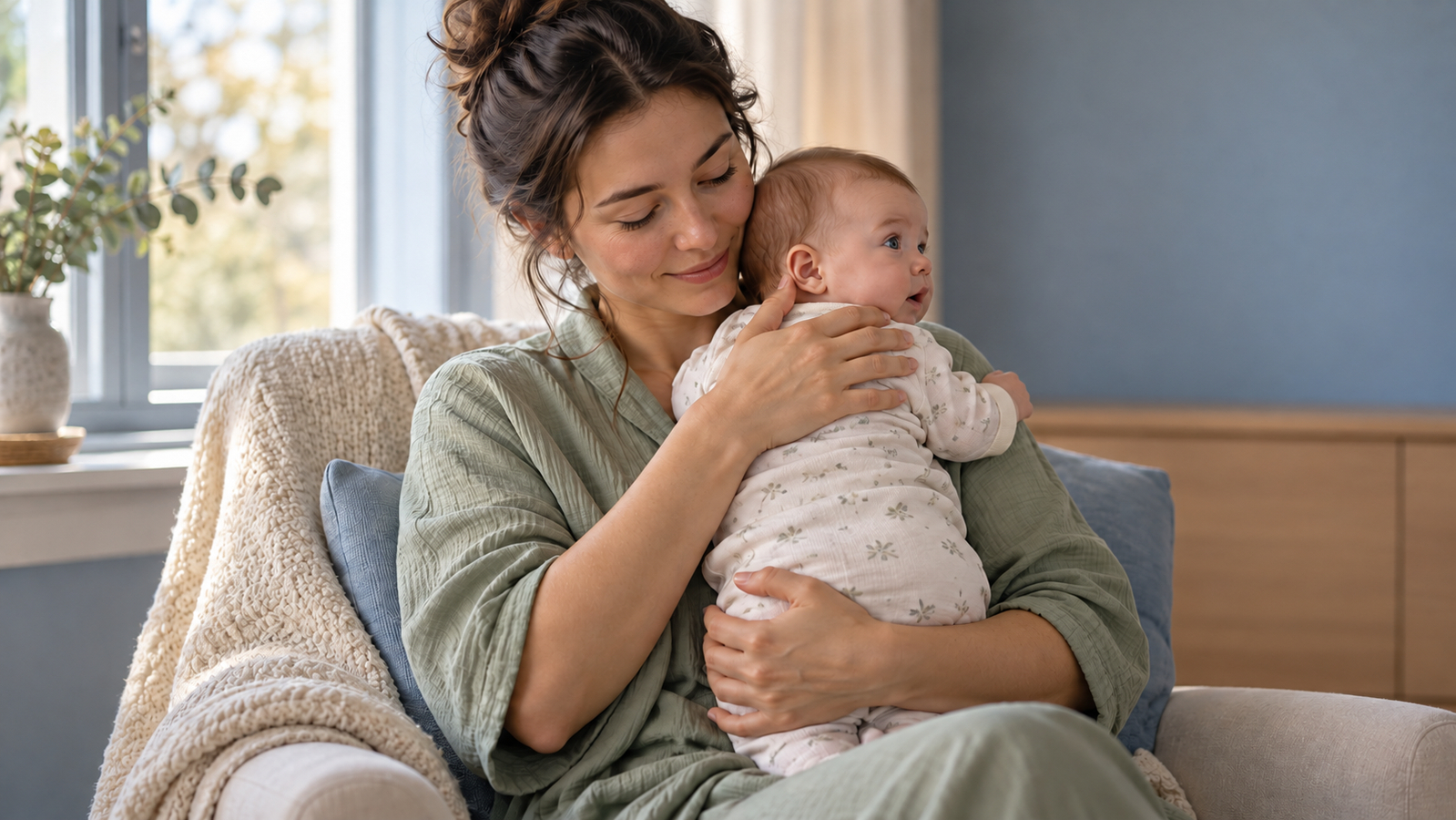 Een ouder houdt een wakkere baby tegen de borst en ondersteunt hoofd, rug en lichaam.