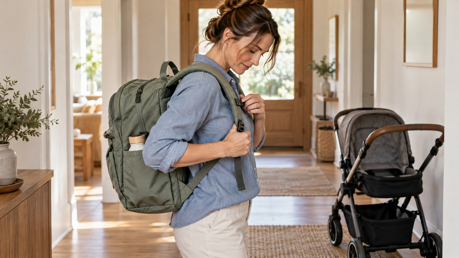 Een ouder houdt de schouderband van een groene rugzak vast, naast een lege kinderwagen