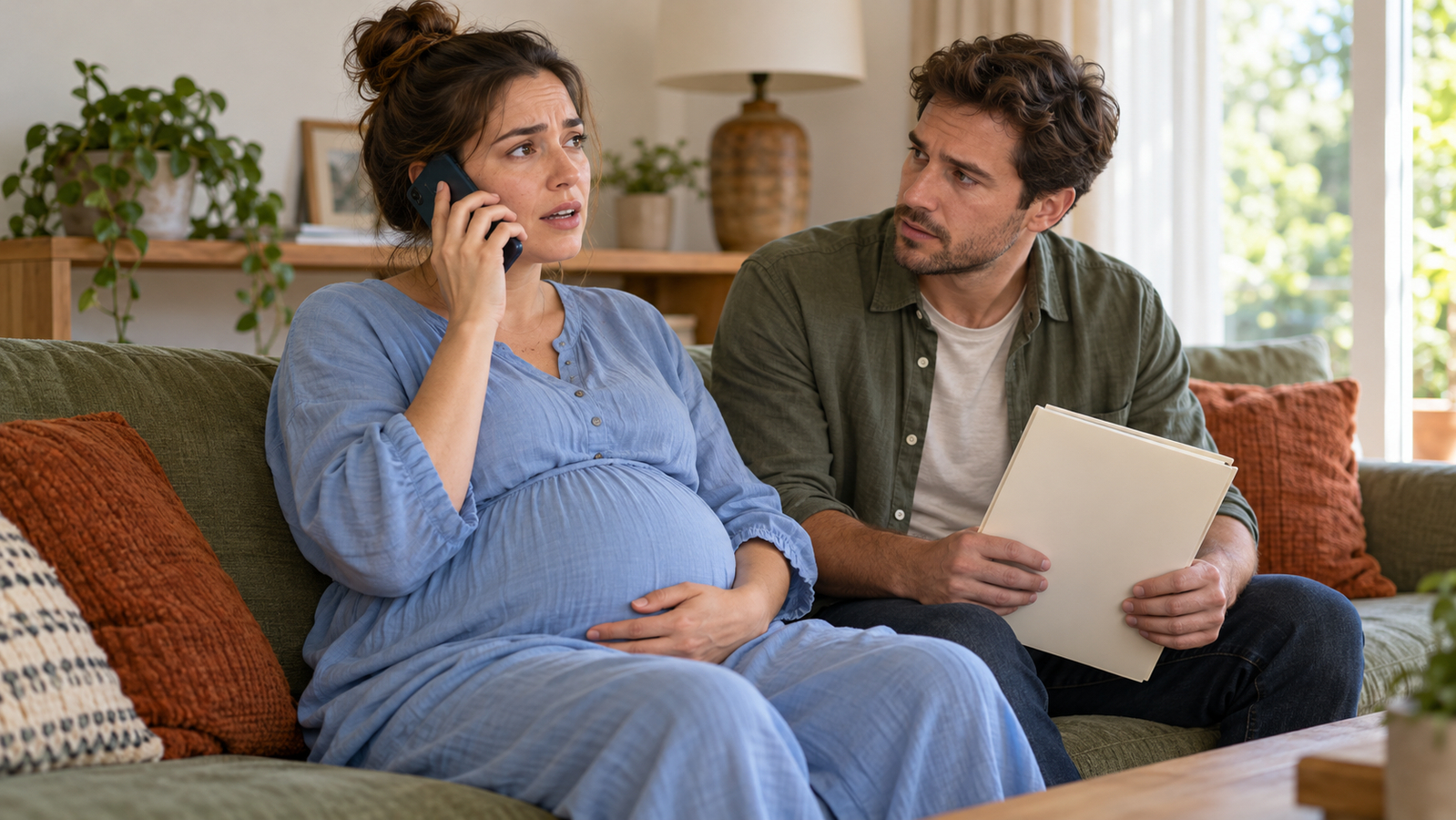 Een zwangere vrouw telefoneert terwijl haar partner naast haar zit