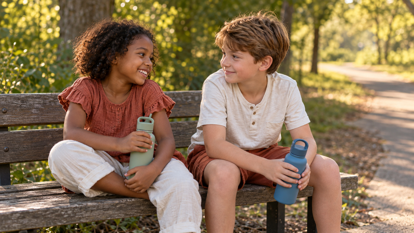 Twee kinderen zitten op een bankje in het park met hun drinkflessen