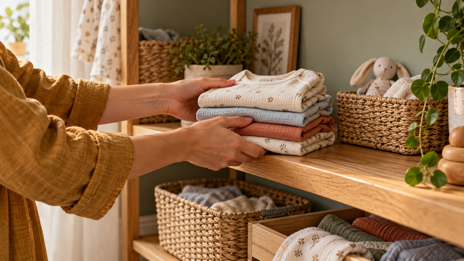Volwassene legt opgevouwen babykleding op een houten plank
