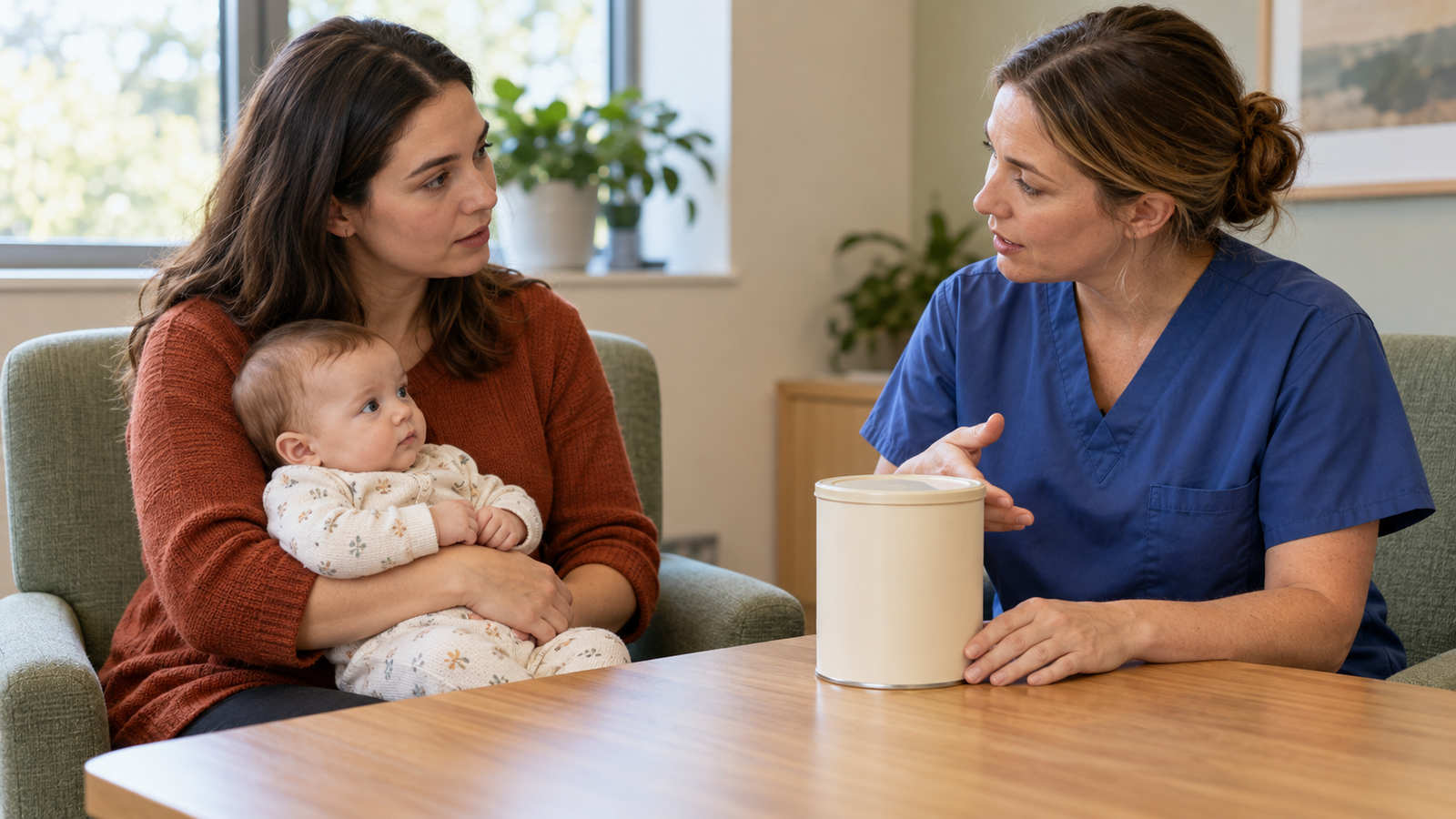 Een moeder ondersteunt haar wakkere baby op schoot en praat met een volwassene in blauwe zorgkleding; op tafel staat een eenvoudig blik met deksel.