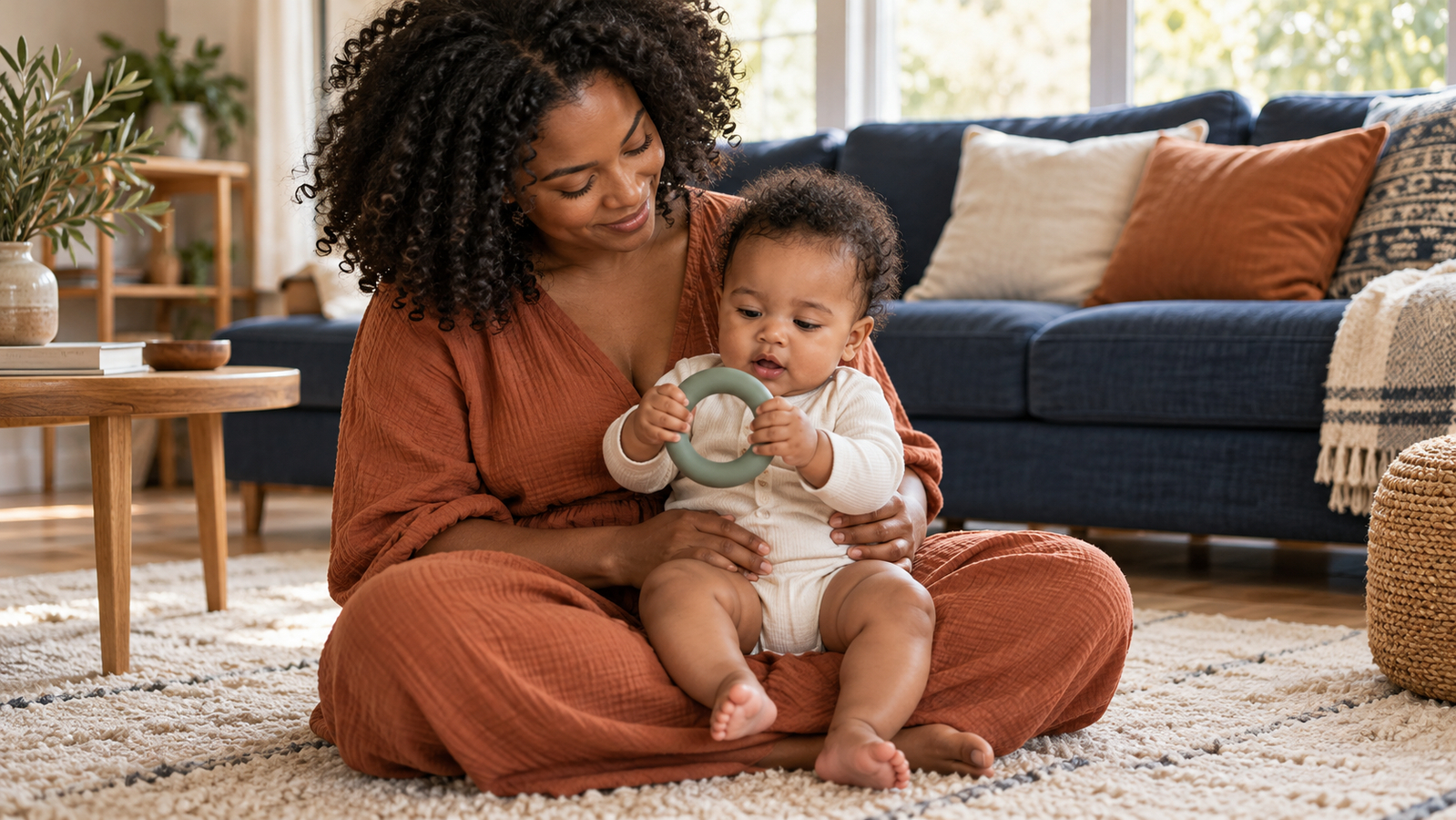 Een ouder zit op de vloer en ondersteunt een wakkere baby met een groene bijtring op schoot.