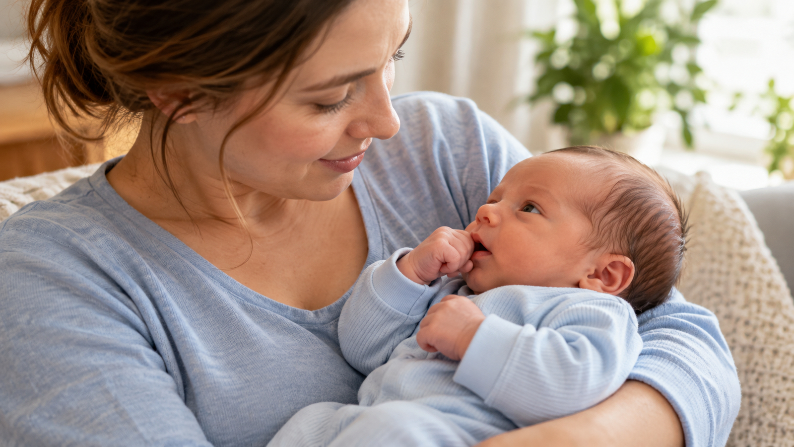 Een wakkere pasgeboren baby brengt in moeders armen een hand naar de mond