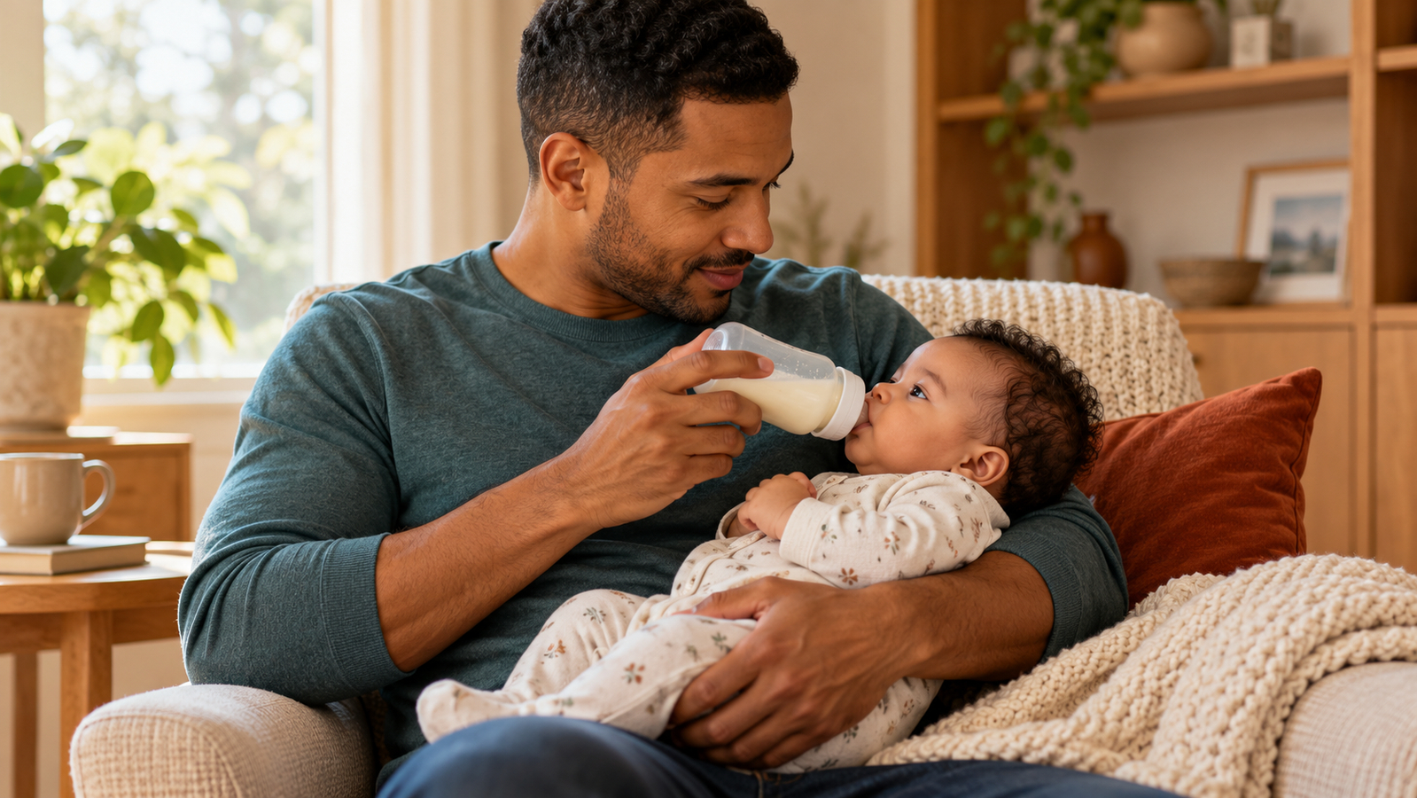 Een ouder geeft een baby de fles, half rechtop en met steun voor hoofd en lichaam.