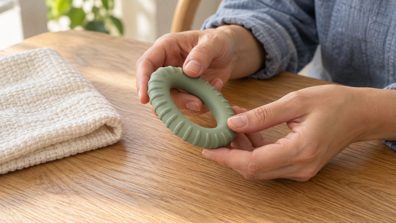 Volwassen handen controleren het oppervlak van een groene bijtring uit één stuk.