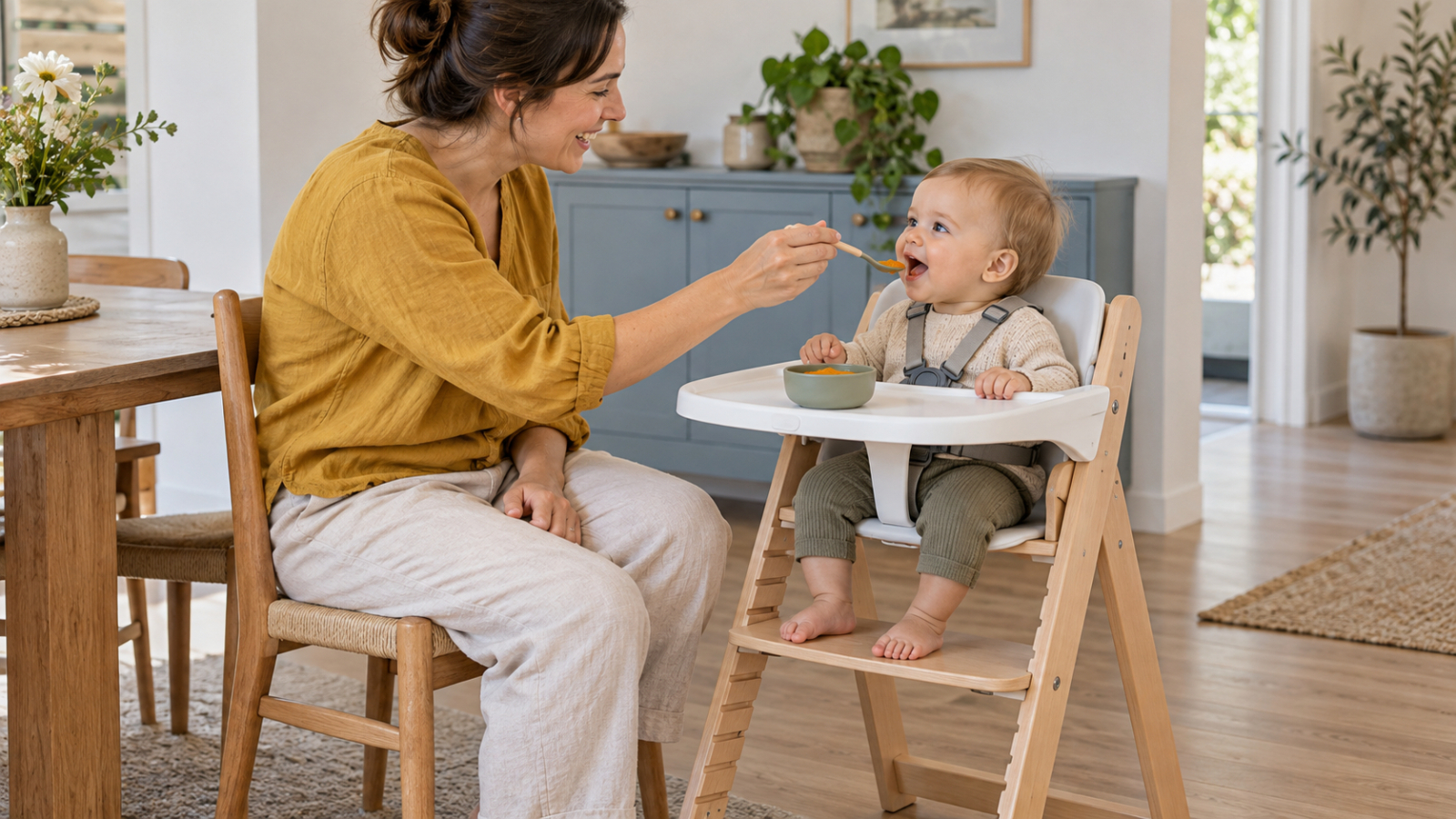 Een ouder houdt een lepel voor een baby die rechtop in een kinderstoel zit, met vastgemaakte gordels en ondersteunde voeten.
