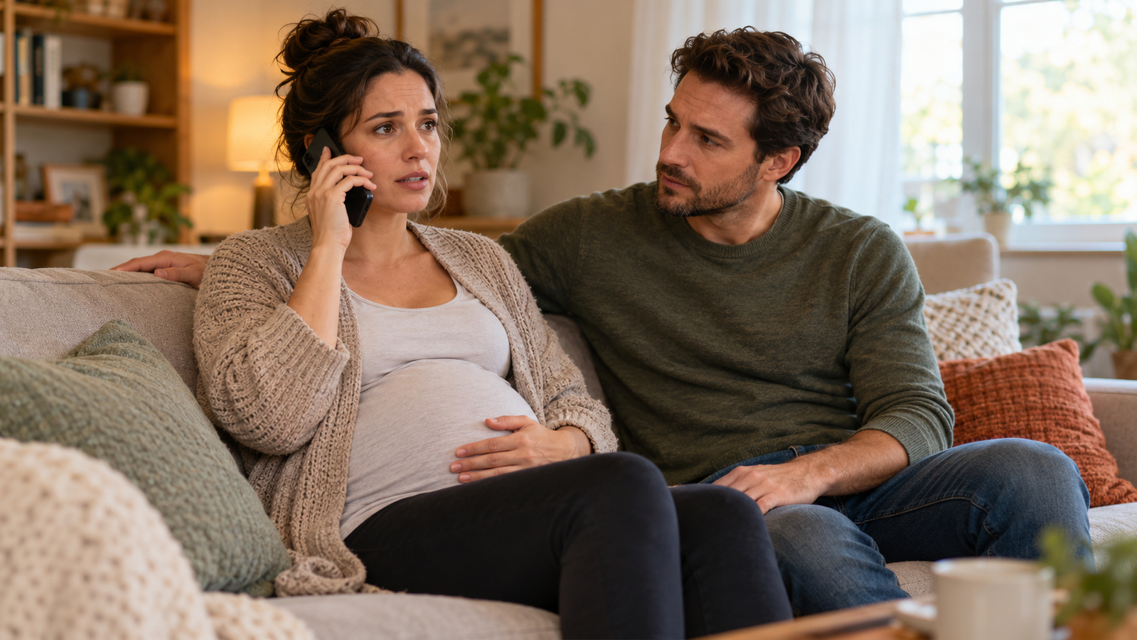Een zwangere vrouw telefoneert terwijl er een man naast haar op de bank zit