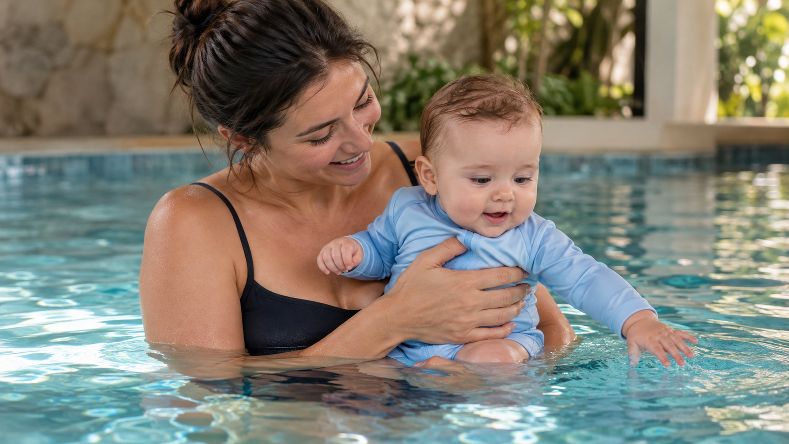 Een ouder ondersteunt de romp en het onderlichaam van een baby in het zwembad