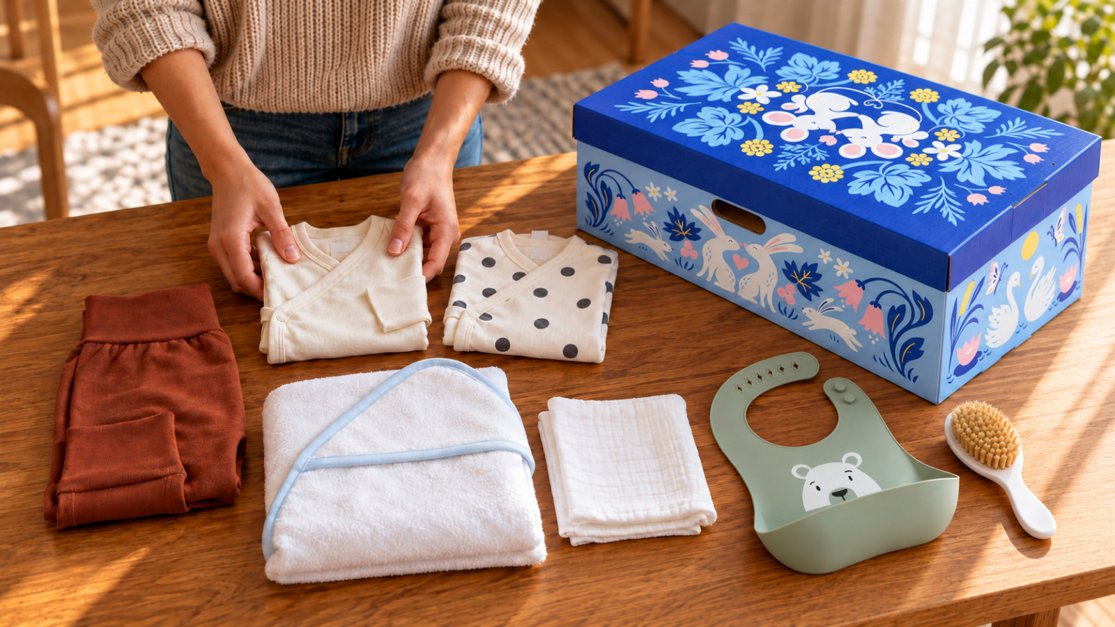 Een ouder ordent babykleertjes, een badcape, een slabbetje en verzorgingsspullen naast het Finse babypakket