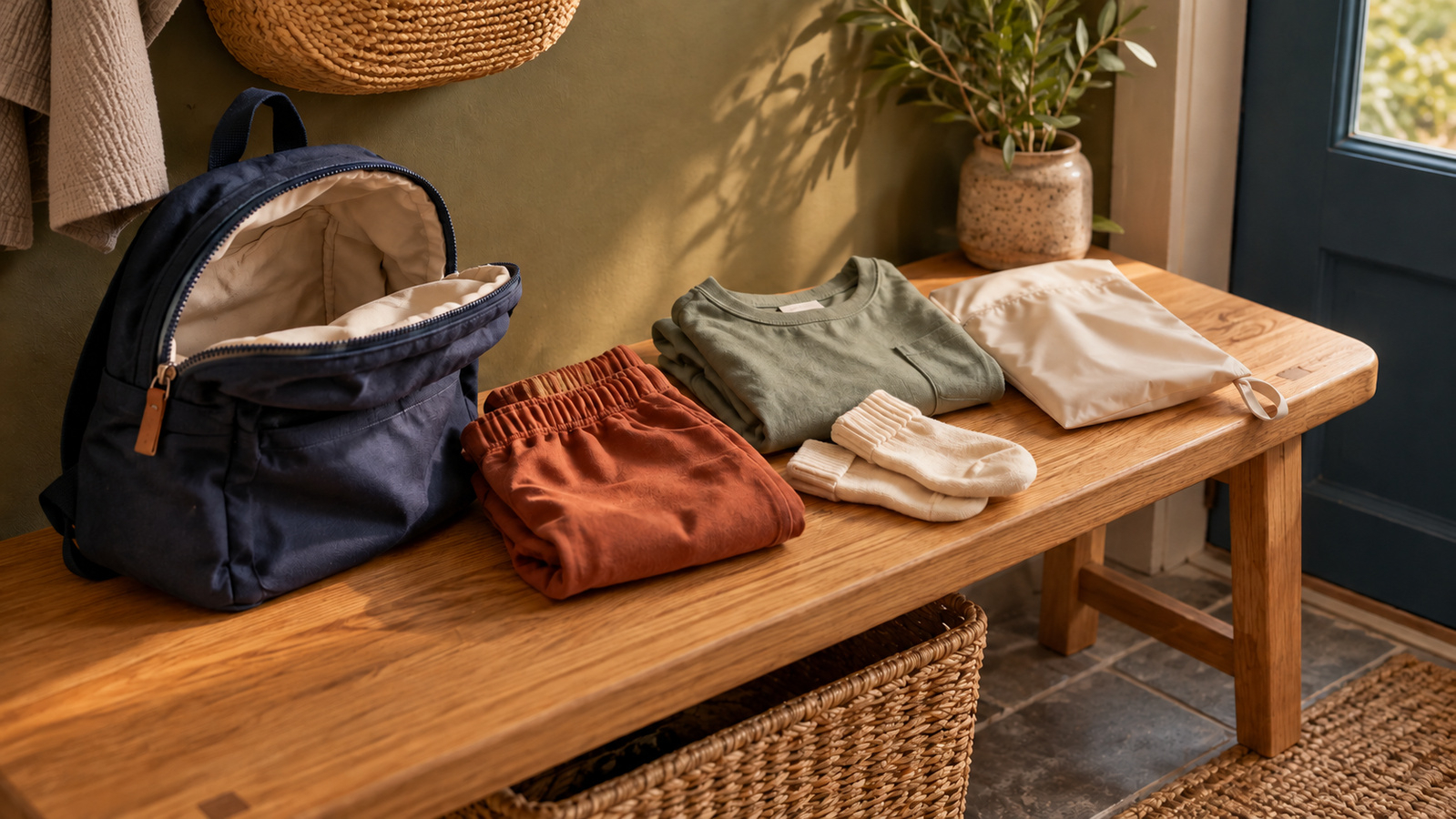 Een rugzak, reservekleding voor een kind en een klein zakje op een bank