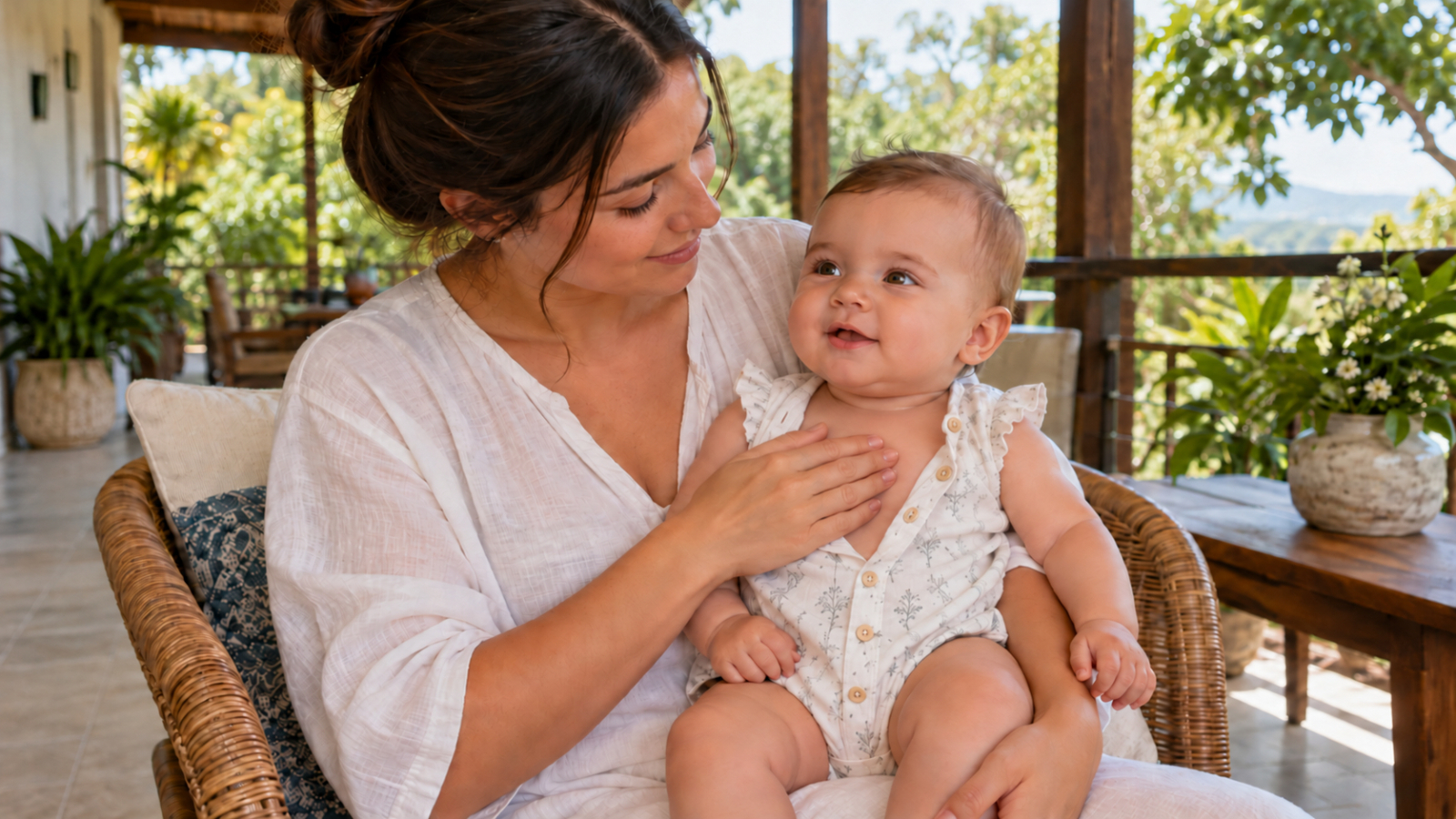 Een ouder zit in de schaduw, ondersteunt een baby op schoot en voelt aan de huid op de borst