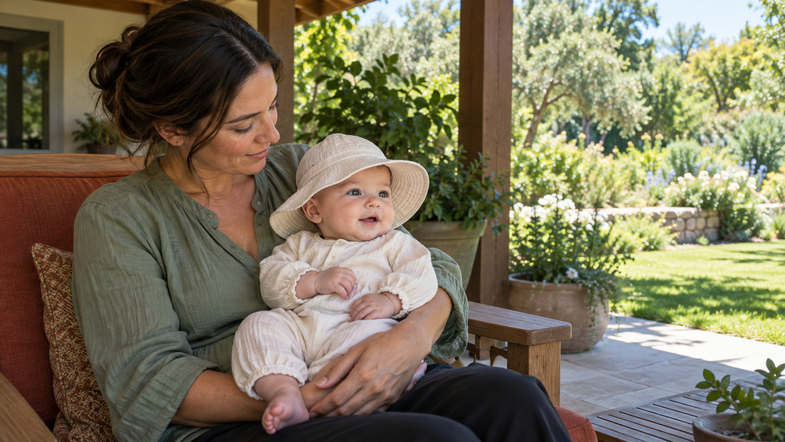 Een moeder houdt haar baby met luchtige lange mouwen en een breedgerand hoedje vast op een schaduwrijke veranda