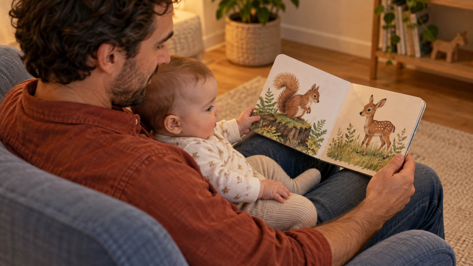 Een ouder bekijkt samen met de wakkere baby op schoot de open bladzijden van een prentenboek