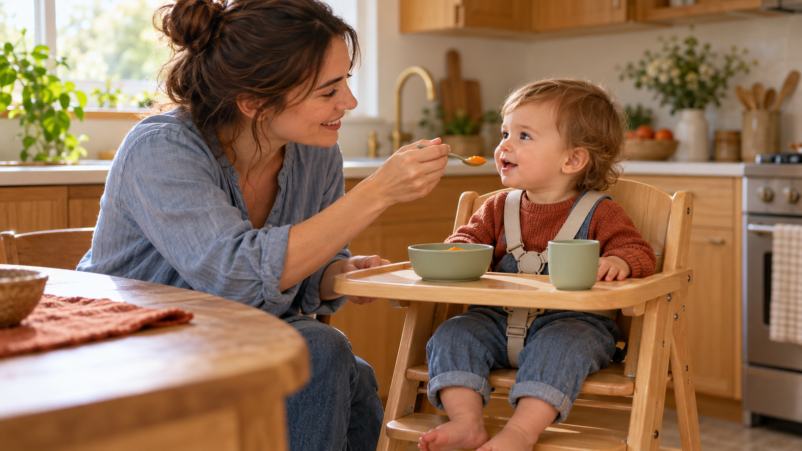Moeder biedt een lepel eten aan een kind dat rechtop in een kinderstoel zit