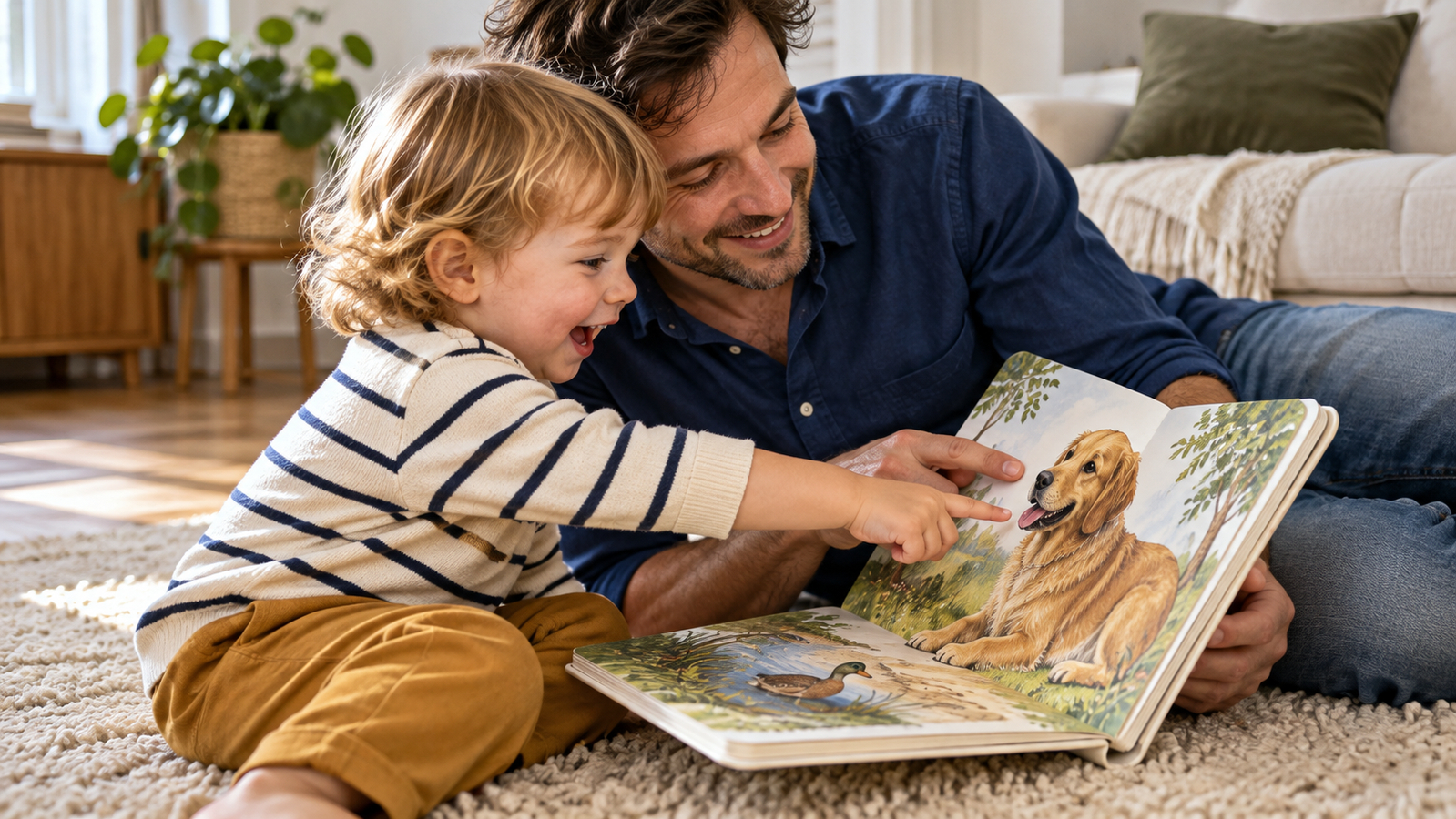 Een kind en vader wijzen op de vloer naar een hond in een open prentenboek