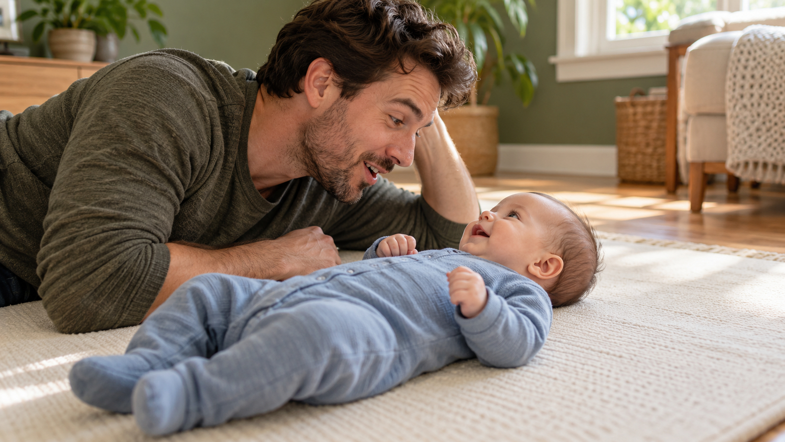 Een vader lacht naar zijn wakkere baby, die op de rug op een speelmat op de vloer ligt