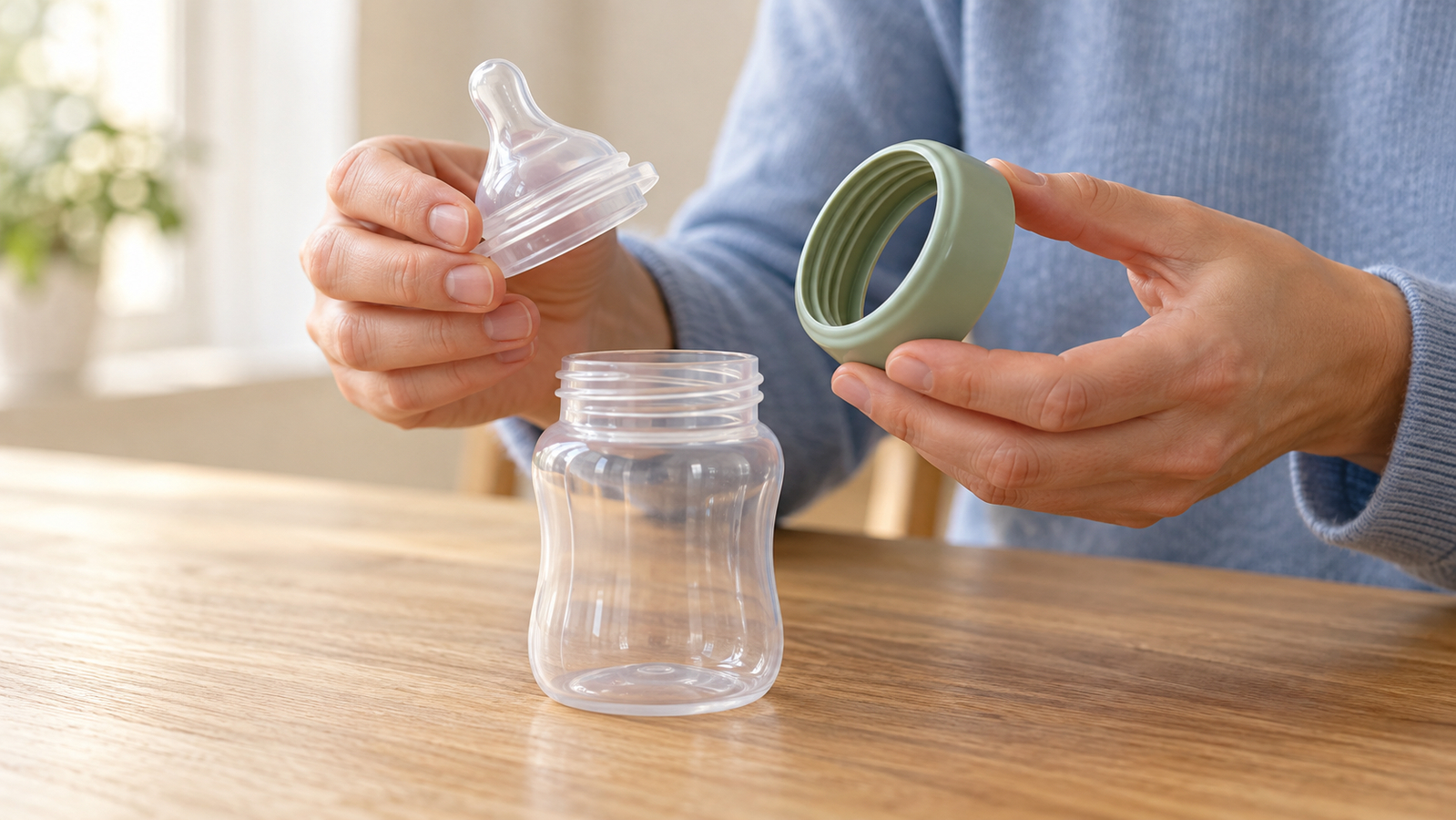 Handen bekijken de speen en schroefring van een babyfles afzonderlijk