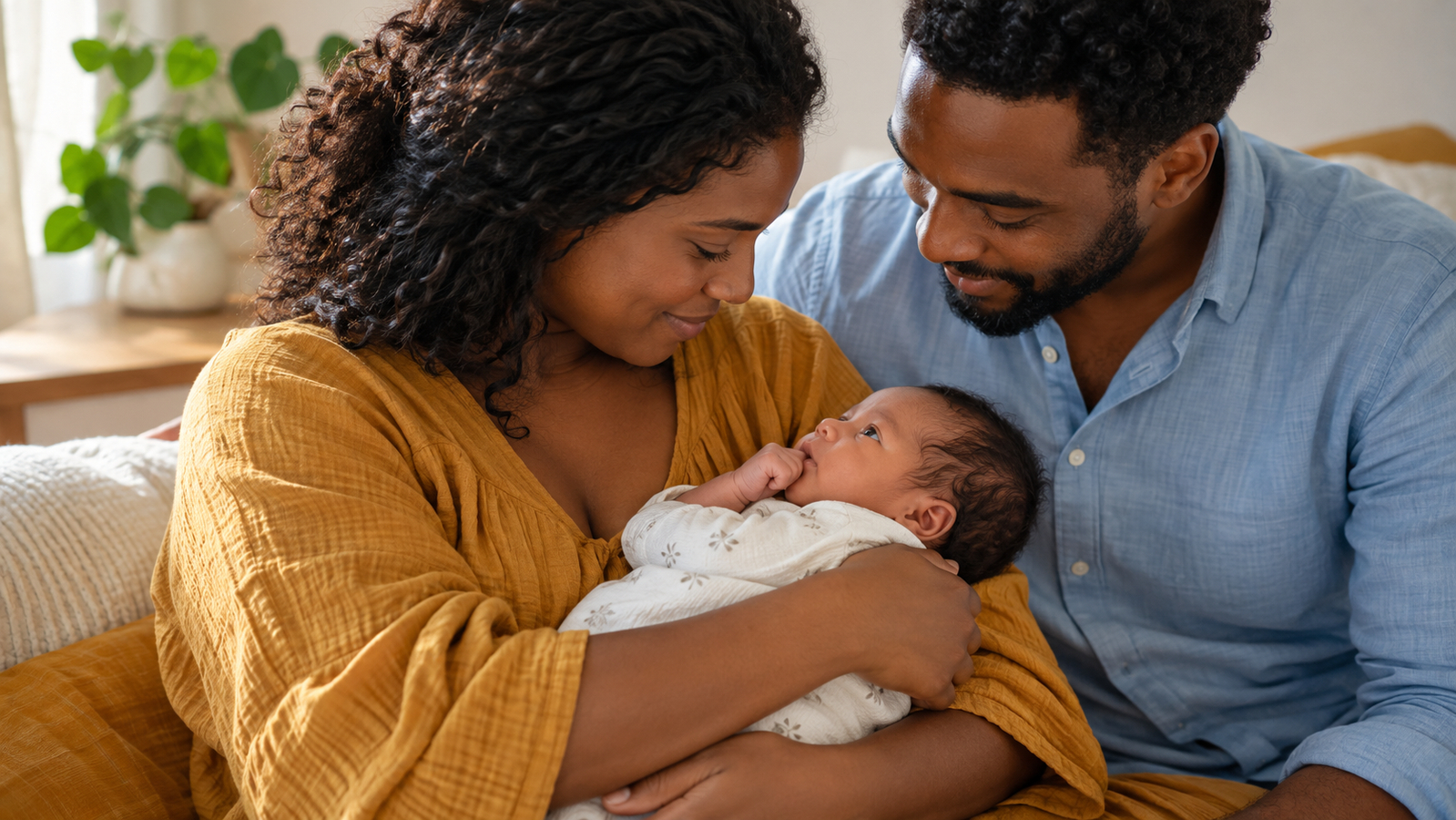 Een wakkere baby in de armen van de moeder brengt een hand naar de mond.