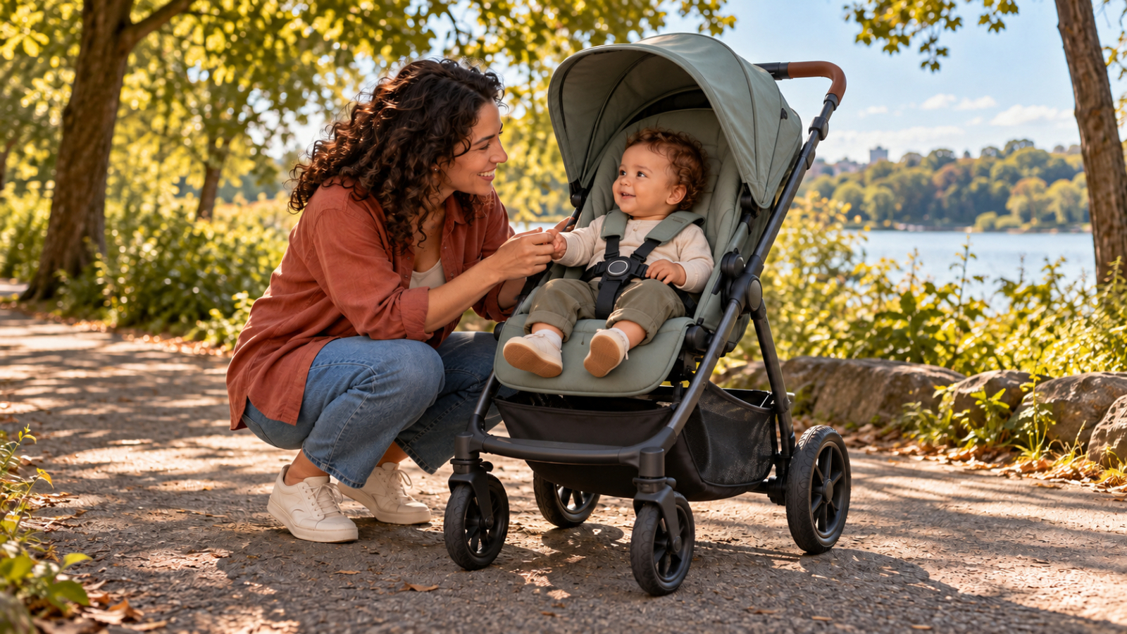 Moeder houdt in het park de hand vast van haar kind dat met de gordel vastzit in de kinderwagen