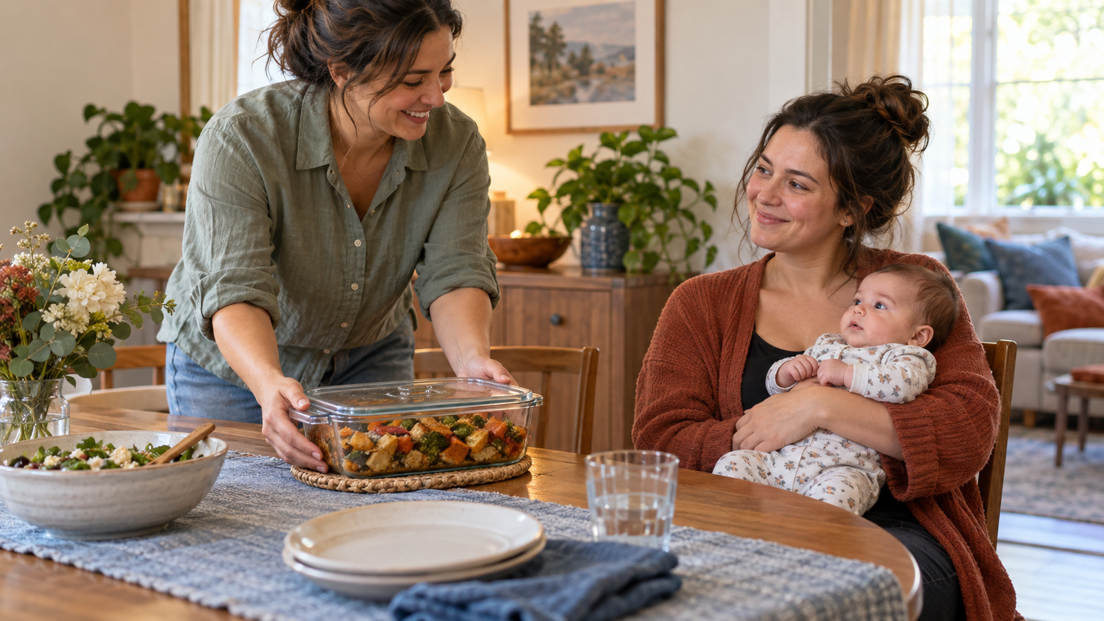 Een vrouw zet een afgedekte schaal eten op tafel bij een moeder met haar baby op schoot