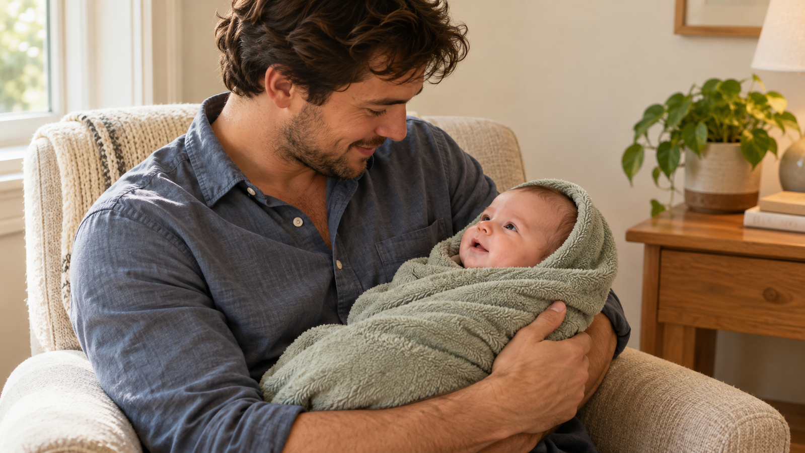 Een ouder houdt een baby na het bad in een handdoek en ondersteunt het hoofd en lichaam