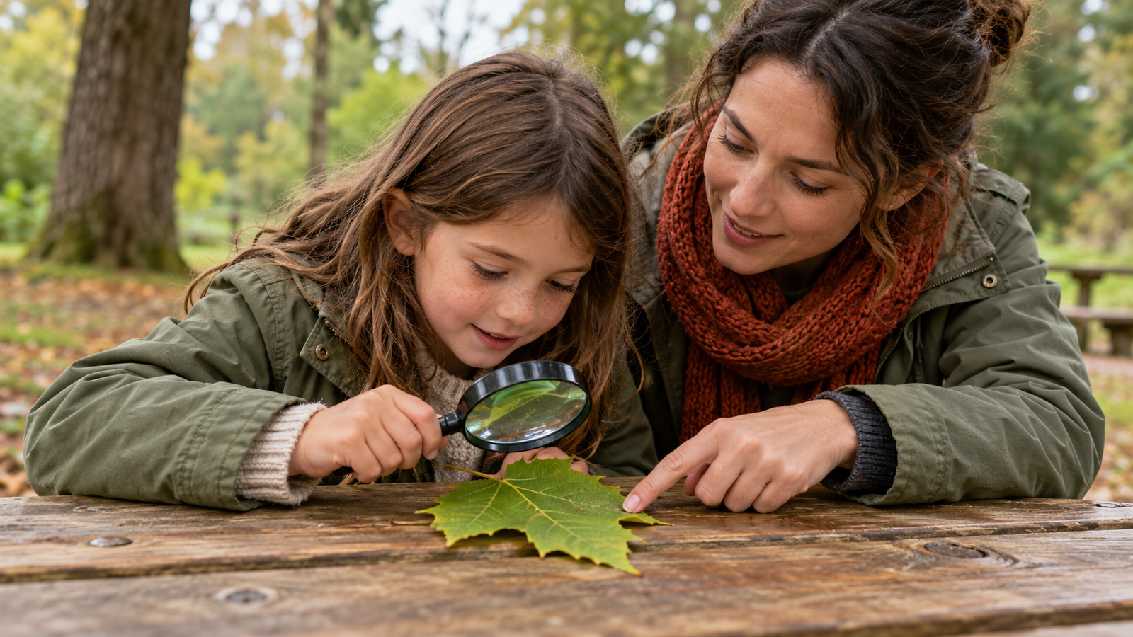 Een kind houdt een vergrootglas vast terwijl een volwassene een blad op tafel aanwijst