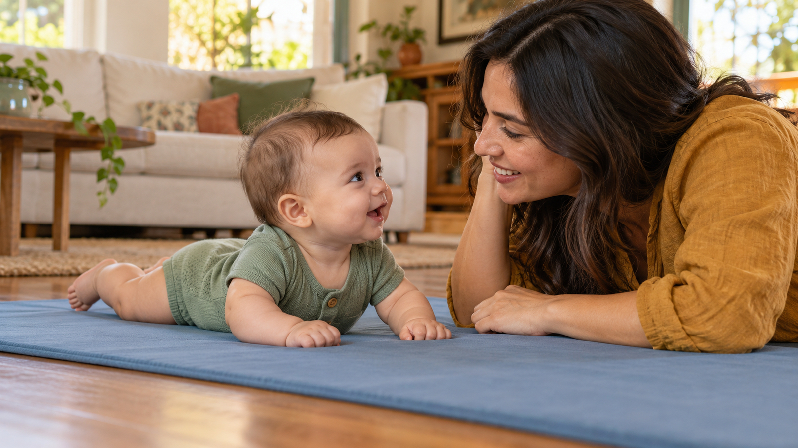 Een moeder kijkt haar wakkere baby aan, die op de buik op een speelmat ligt.